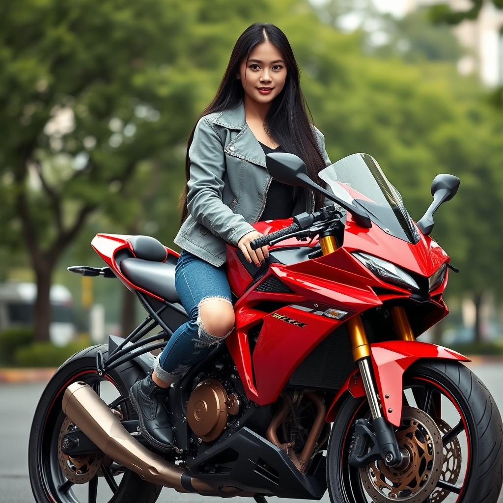 A portrait of a young Asian woman with flawless fair skin and long black hair, sitting on a red sports motorcycle on an urban street with a background of green trees