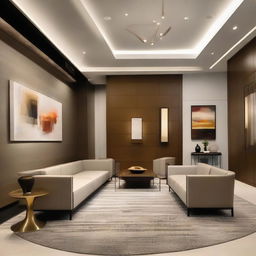 A modern, beautifully designed guest reception area with sleek furniture, aesthetically pleasing art pieces, and strategic lighting for a warm welcome.