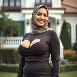 A beautiful woman in her mid-thirties wearing a hijab, showcasing large and attractive breasts, size 36