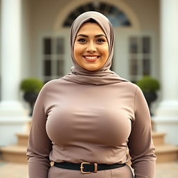 A beautiful woman in her mid-thirties wearing a hijab, showcasing large and attractive breasts, size 36
