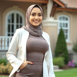 A beautiful woman in her mid-thirties wearing a hijab, showcasing large and attractive breasts, size 36