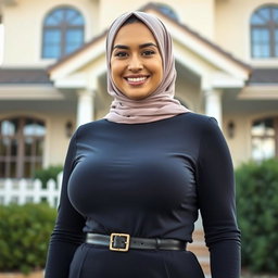 A beautiful woman in her mid-thirties wearing a hijab, showcasing large and attractive breasts, size 36