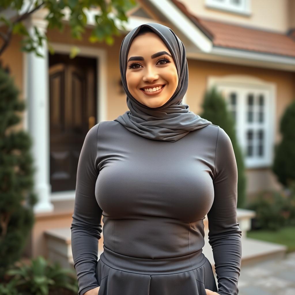 A beautiful woman in her mid-thirties wearing a hijab, showcasing large and attractive breasts, size 36