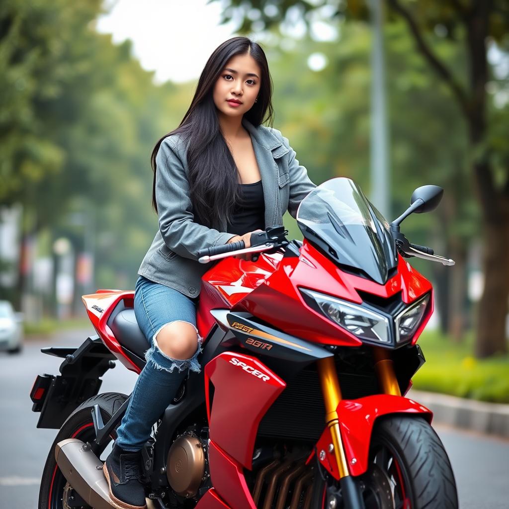 A portrait of a young Asian woman with flawless fair skin and long black hair, sitting on a red sport motorcycle on an urban street with green trees in the background