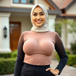 A beautiful woman aged 30 wearing a hijab, showcasing large and attractive breasts, size 36
