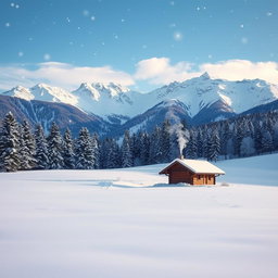 A serene winter landscape with a sprawling field covered in thick powdery snow