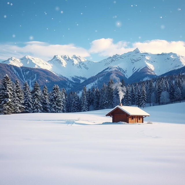 A serene winter landscape with a sprawling field covered in thick powdery snow