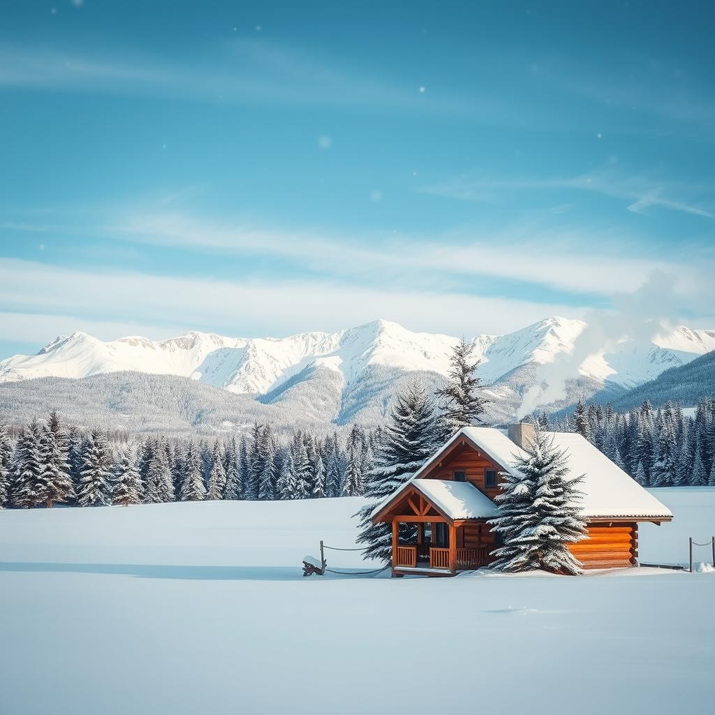 A serene winter landscape with a sprawling field covered in thick powdery snow