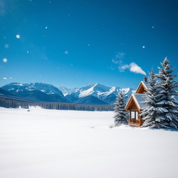 A serene winter landscape with a sprawling field covered in thick powdery snow