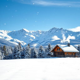A serene winter landscape with a sprawling field covered in thick powdery snow