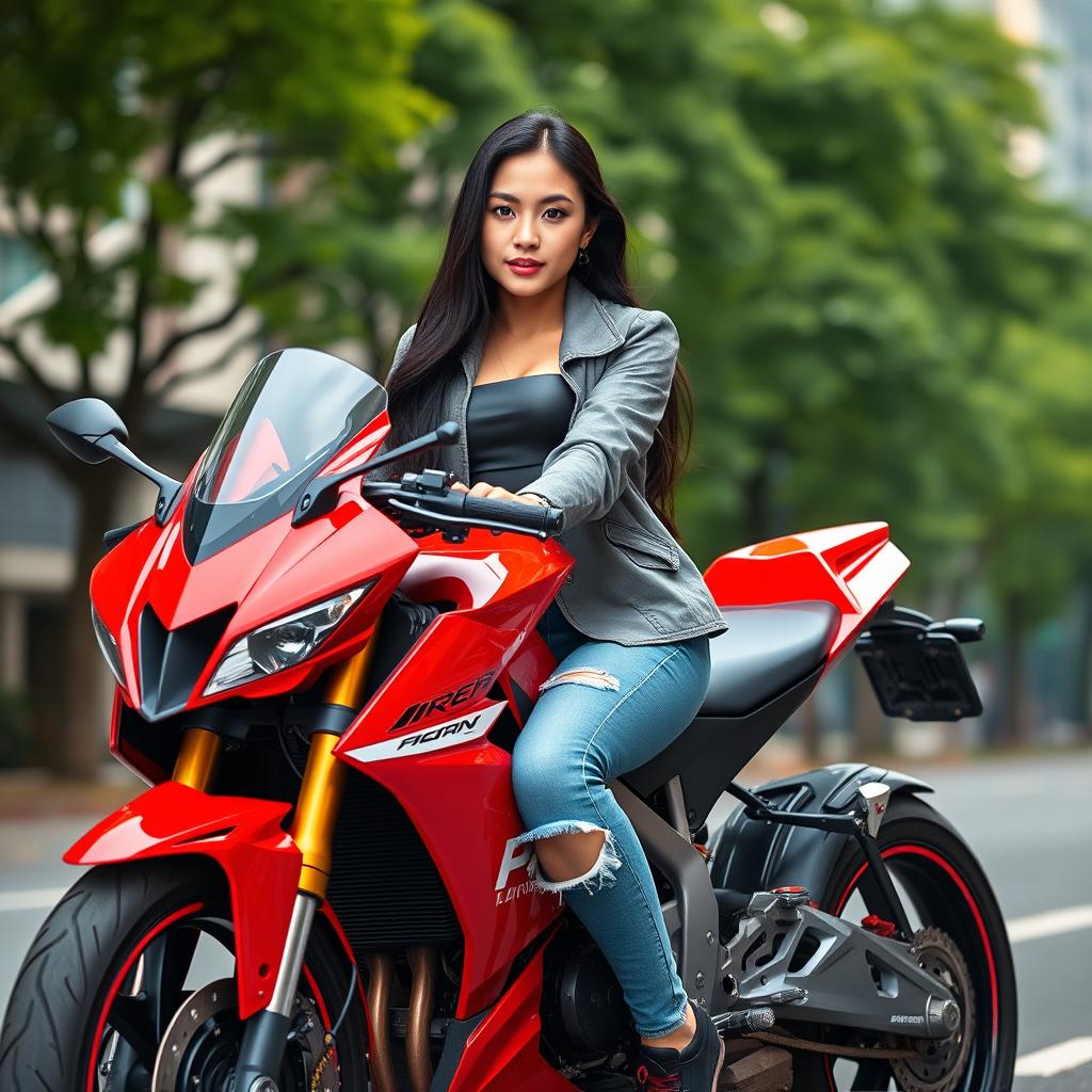 A perfect photography portrait of a young Asian woman with flawless fair skin and long black hair, sitting on a red sport motorcycle on an urban street with green trees in the background