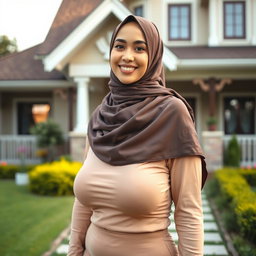 A beautiful woman aged 30 wearing a hijab, showcasing large and attractive breasts, size 36