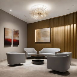 A modern, beautifully designed guest reception area with sleek furniture, aesthetically pleasing art pieces, and strategic lighting for a warm welcome.