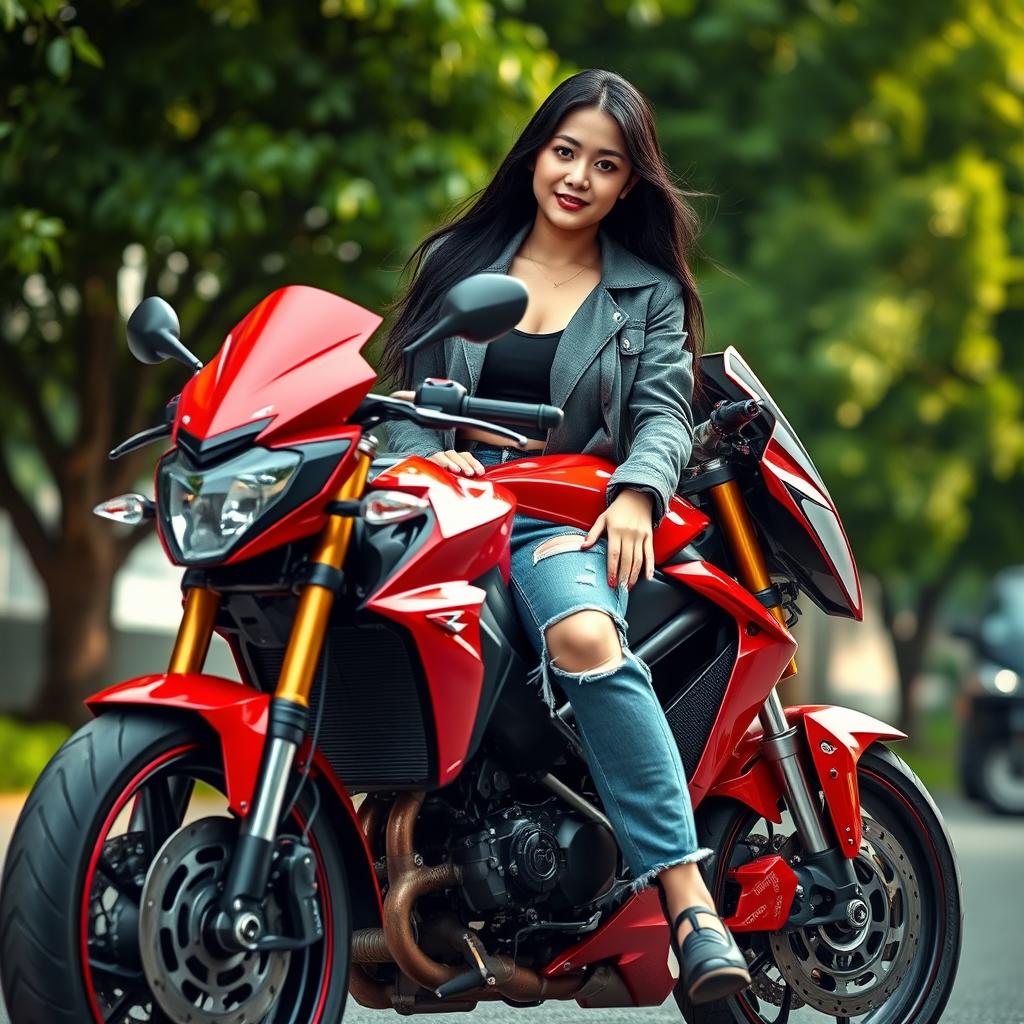 A wide view of a perfect urban street scene featuring a young Asian woman with flawless fair skin and long black hair, sitting on a red sport motorcycle