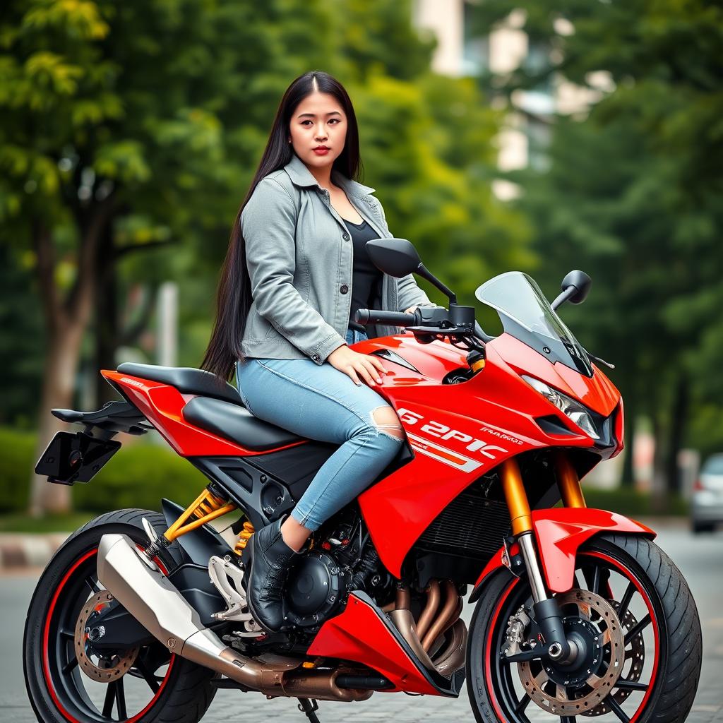 A portrait of a young Asian woman with flawless fair skin and long black hair, sitting on a vibrant red sport motorcycle in an urban street setting