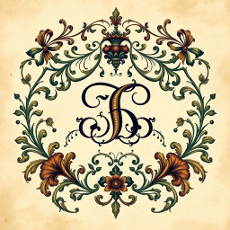 An intricate and elegant exlibris design featuring a beautifully stylized monogram in the center, surrounded by ornate decorative elements such as floral patterns, scrolls, and vintage motifs