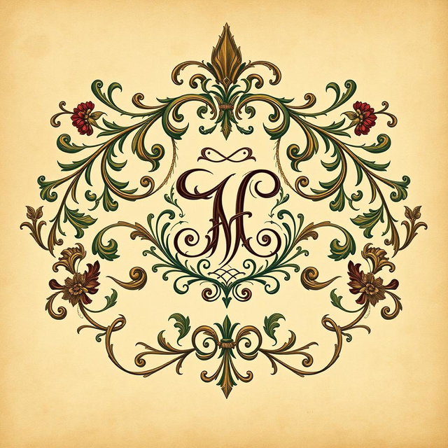 An intricate and elegant exlibris design featuring a beautifully stylized monogram in the center, surrounded by ornate decorative elements such as floral patterns, scrolls, and vintage motifs