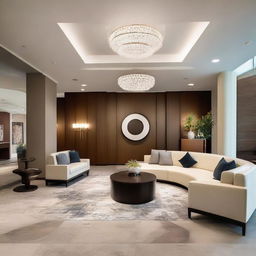 A modern, beautifully designed guest reception area with sleek furniture, aesthetically pleasing art pieces, and strategic lighting for a warm welcome.