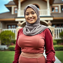 A beautiful woman aged 30 wearing a hijab, emphasizing her large and attractive breasts, size 36