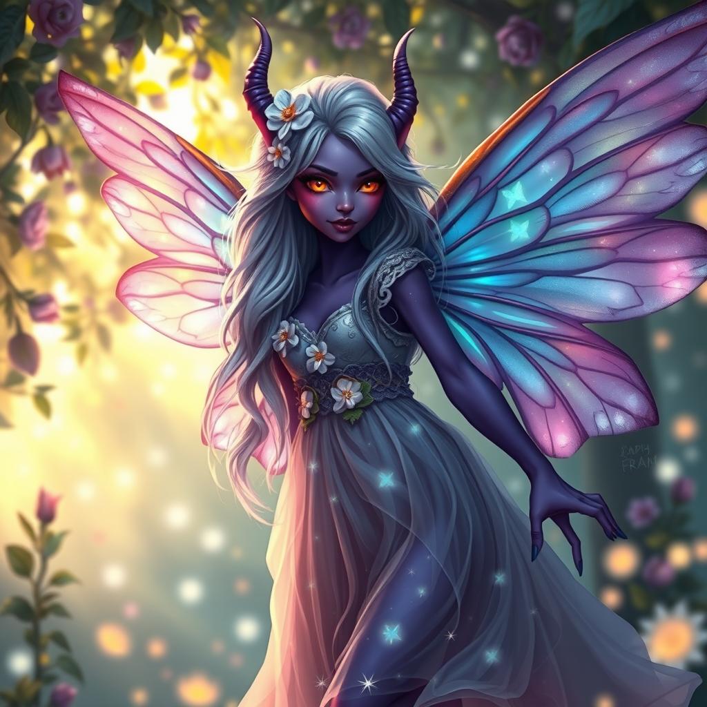 A stunning scene featuring a beautiful tiefling with colorful fairy wings