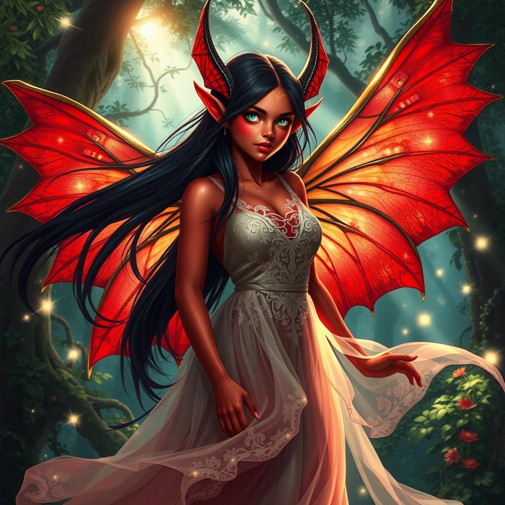 A striking scene featuring a beautiful red-skinned female tiefling with elegant fairy wings