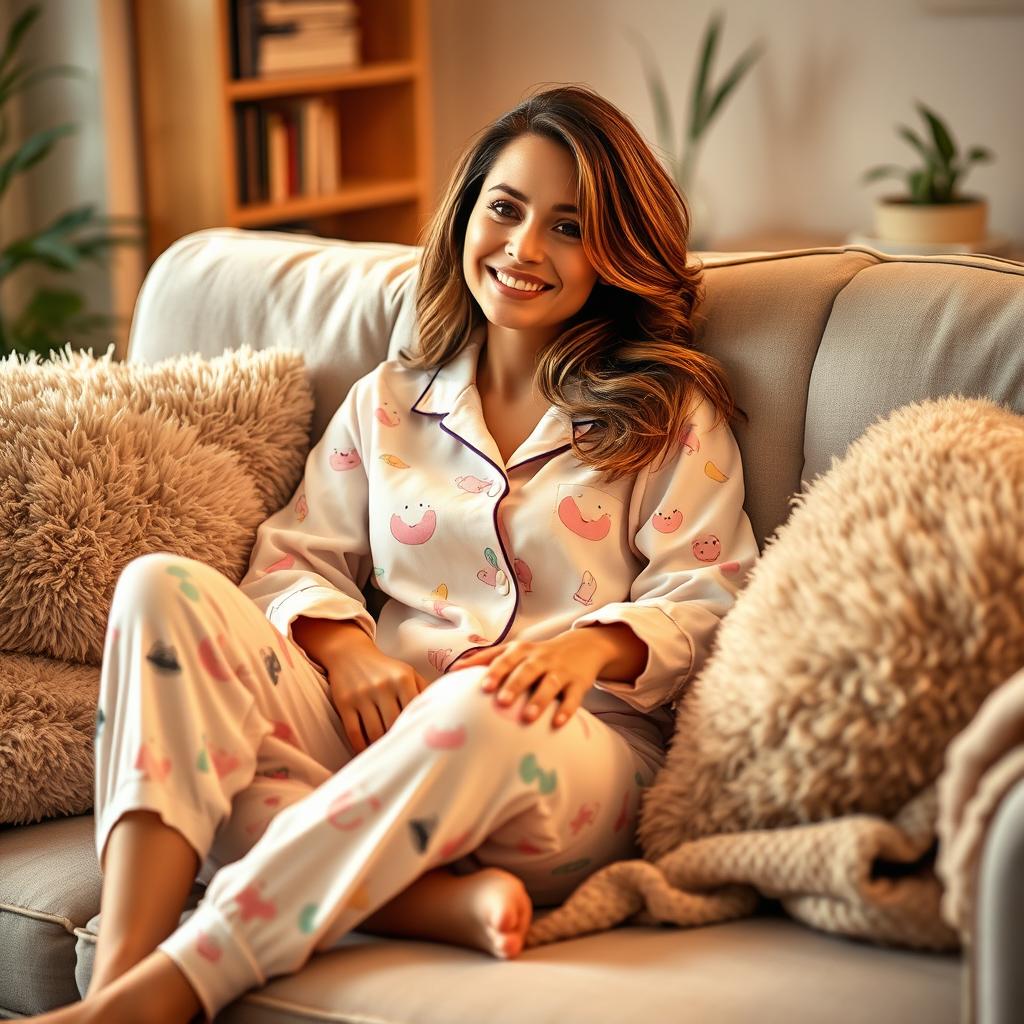 A very beautiful woman lounging comfortably in her cozy pajama set, which features soft pastel colors and playful patterns