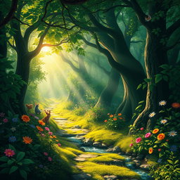 An enchanting journey through a mystical forest, where vibrant green foliage surrounds a winding path