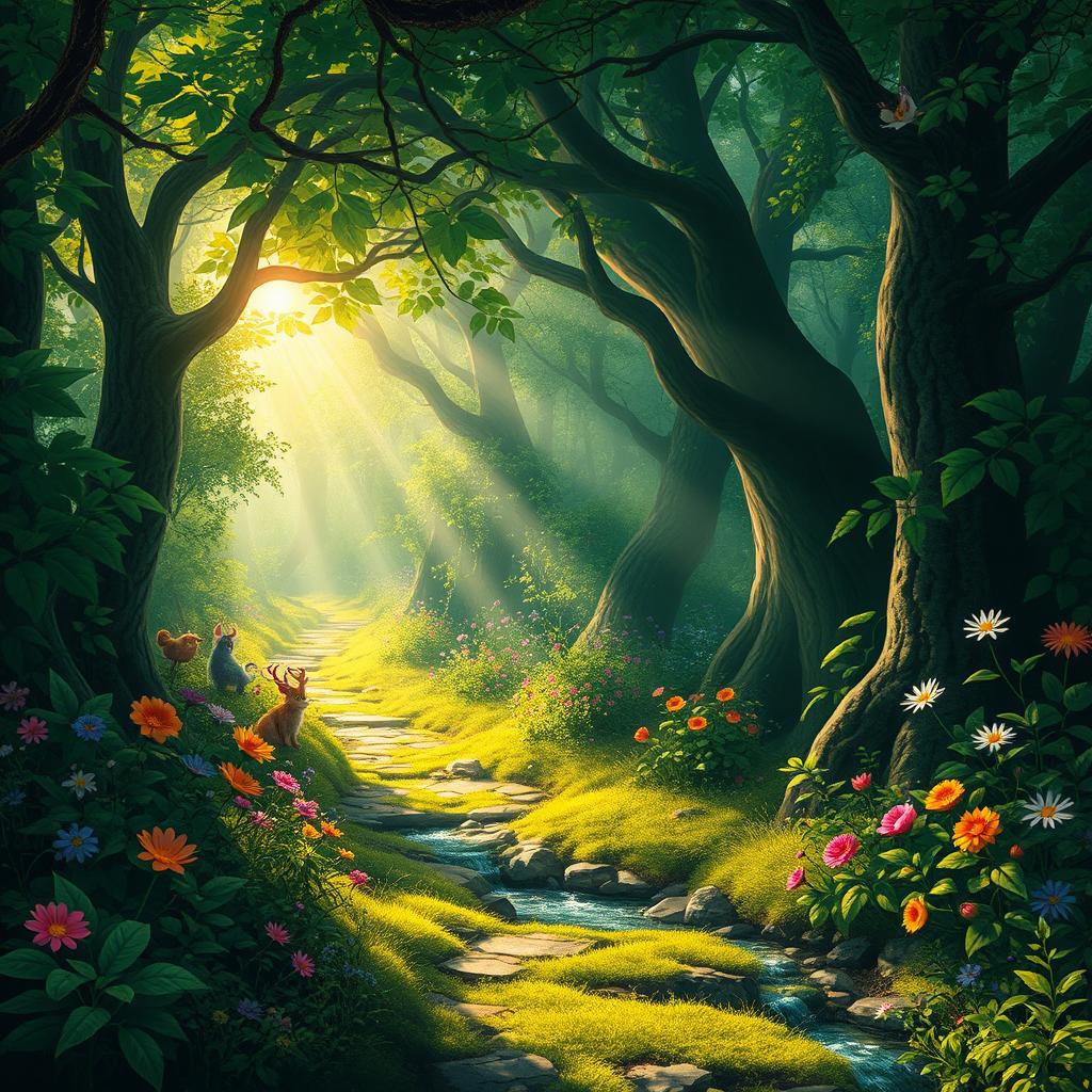 An enchanting journey through a mystical forest, where vibrant green foliage surrounds a winding path