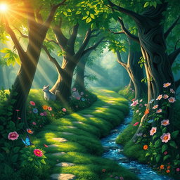 An enchanting journey through a mystical forest, where vibrant green foliage surrounds a winding path
