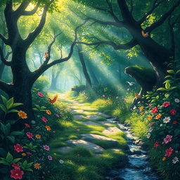 An enchanting journey through a mystical forest, where vibrant green foliage surrounds a winding path