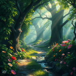 An enchanting journey through a mystical forest, where vibrant green foliage surrounds a winding path