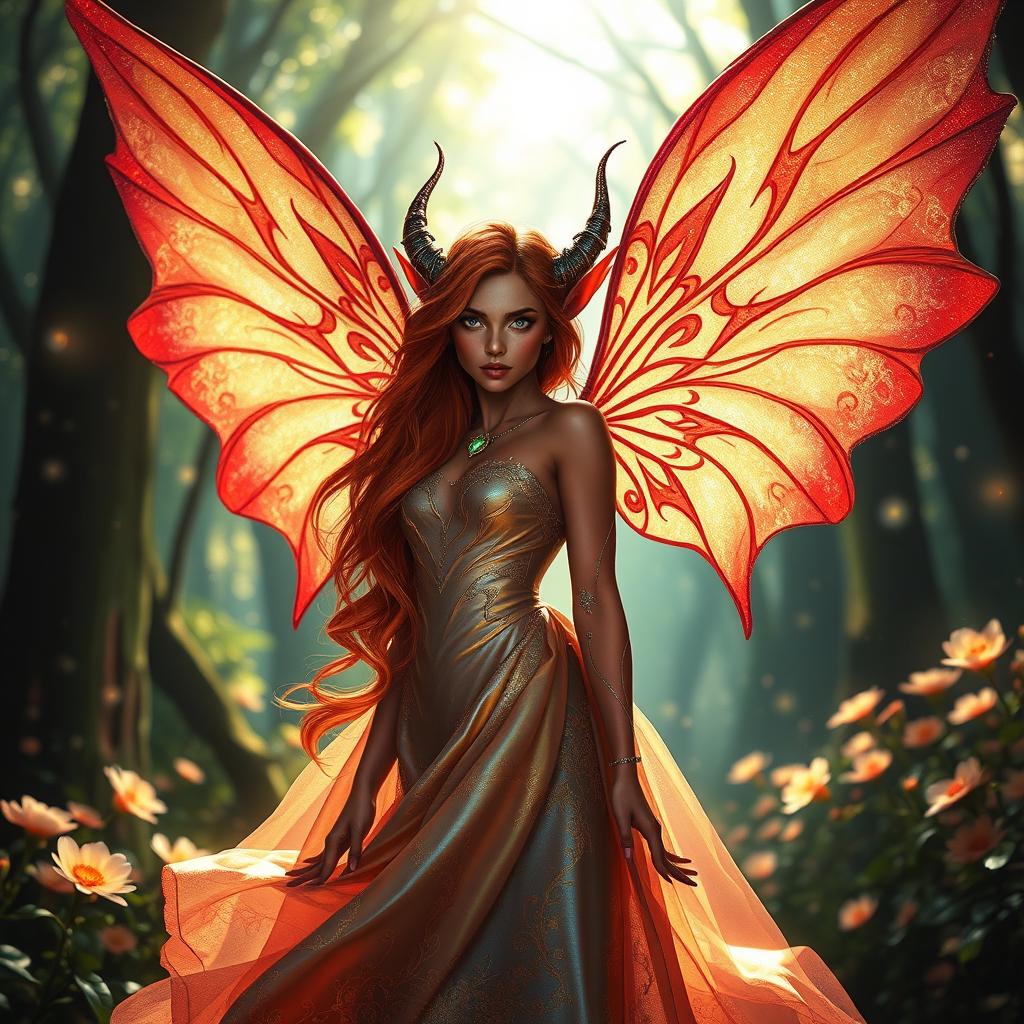 An enchanting scene featuring a striking red-skinned female tiefling with magnificent fairy wings