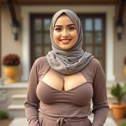 A beautiful woman aged 30 wearing a hijab, highlighting her large and attractive breasts, size 36