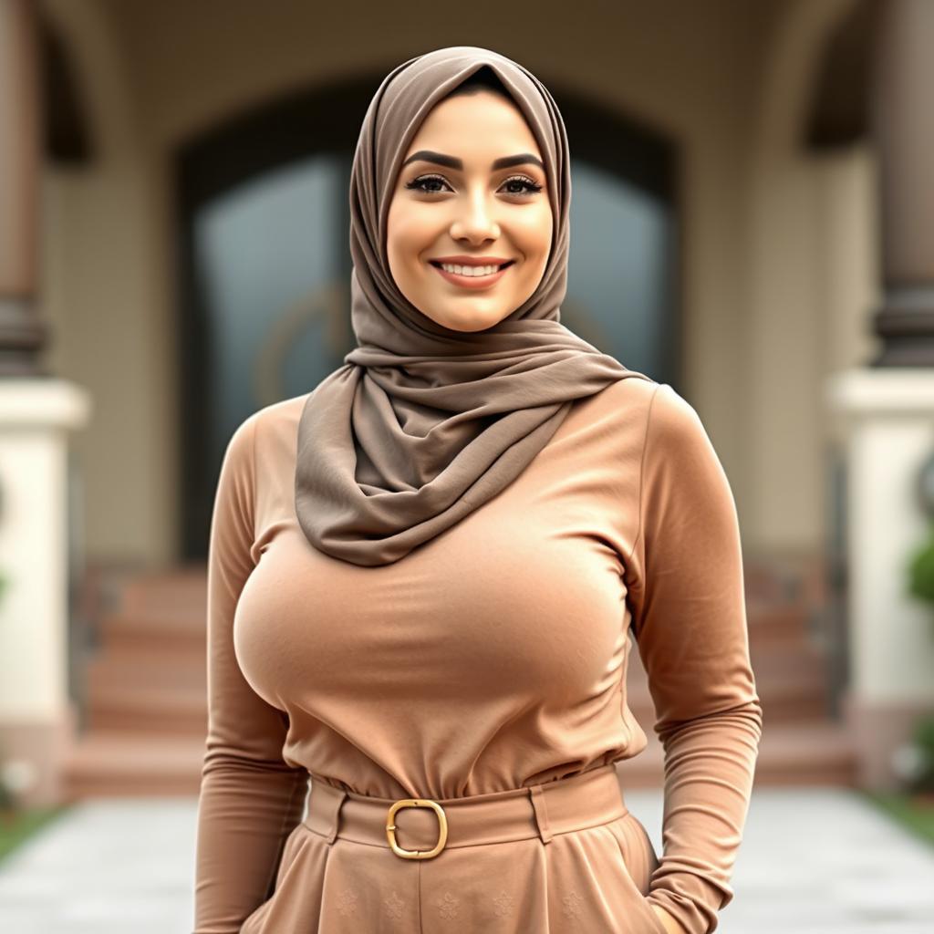A beautiful woman aged 30 wearing a hijab, highlighting her large and attractive breasts, size 36