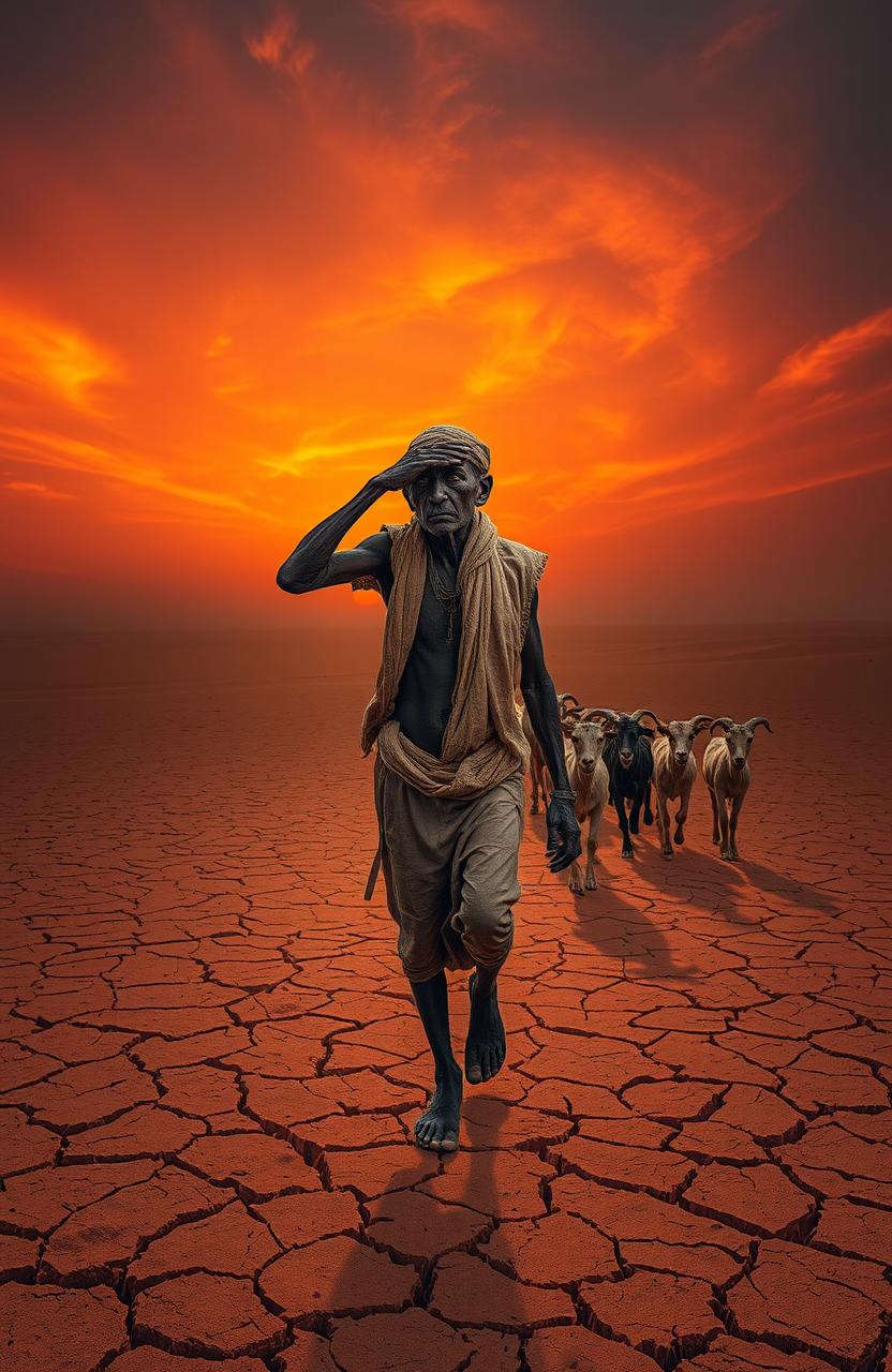 A lone emaciated man trudging across an endless desert wearing tattered clothes, shielding himself from the relentless scorching sun