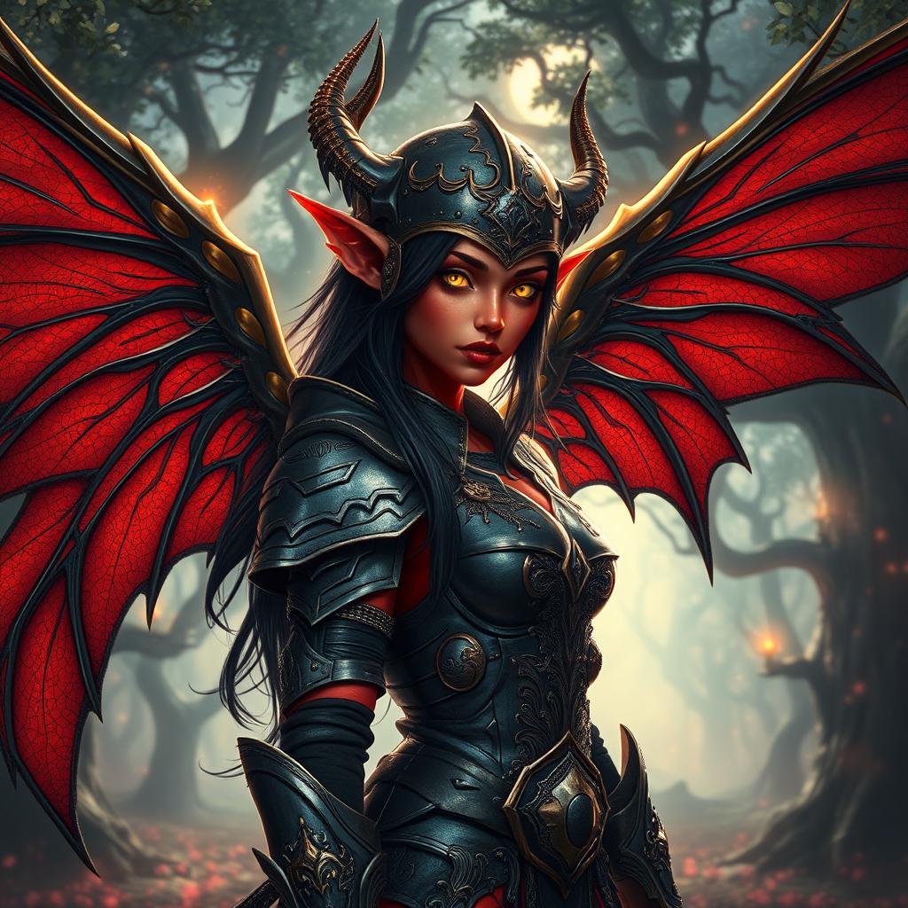 A powerful scene featuring a red-skinned female tiefling with magnificent fairy wings clad in intricately designed armor