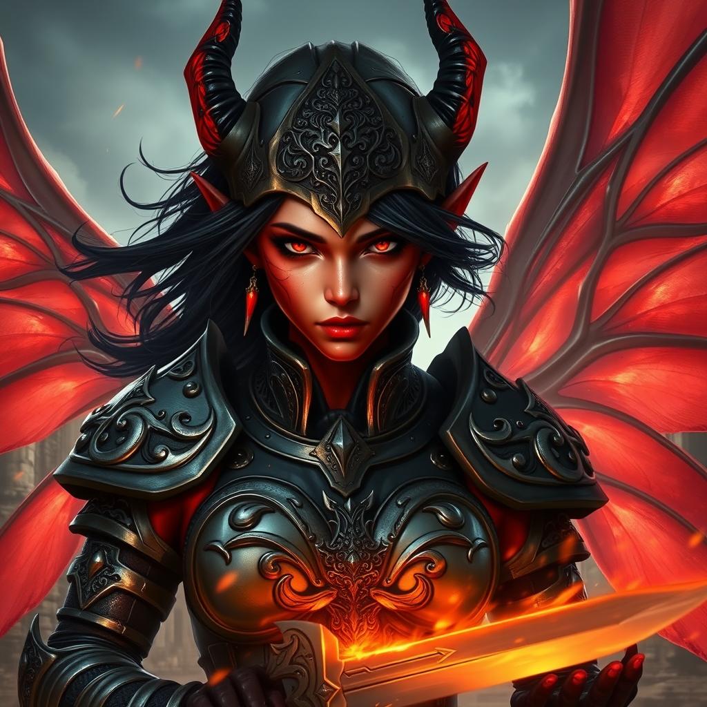 An awe-inspiring image of a red-skinned female tiefling with magnificent fairy wings, showcasing her fierce warrior spirit