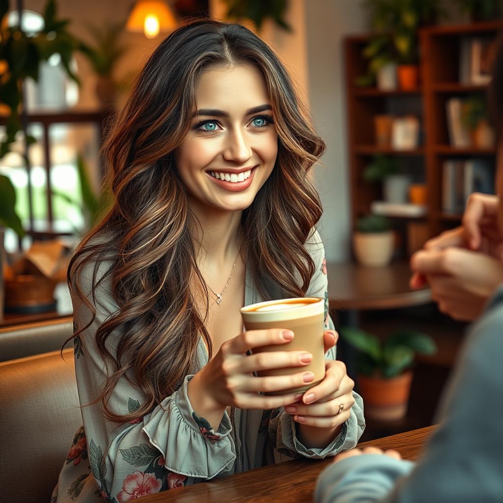 A beautiful, captivating woman with an artistic style, featuring long wavy brown hair, bright blue eyes, and a warm smile