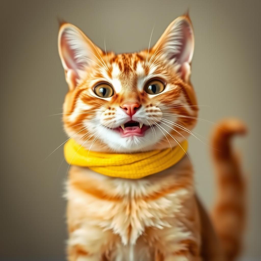 A cheerful orange cat facing forward, with a big smile on its face