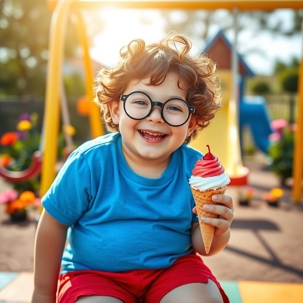 A cheerful and plump young boy sitting on a colorful playground, wearing a bright blue t-shirt and red shorts
