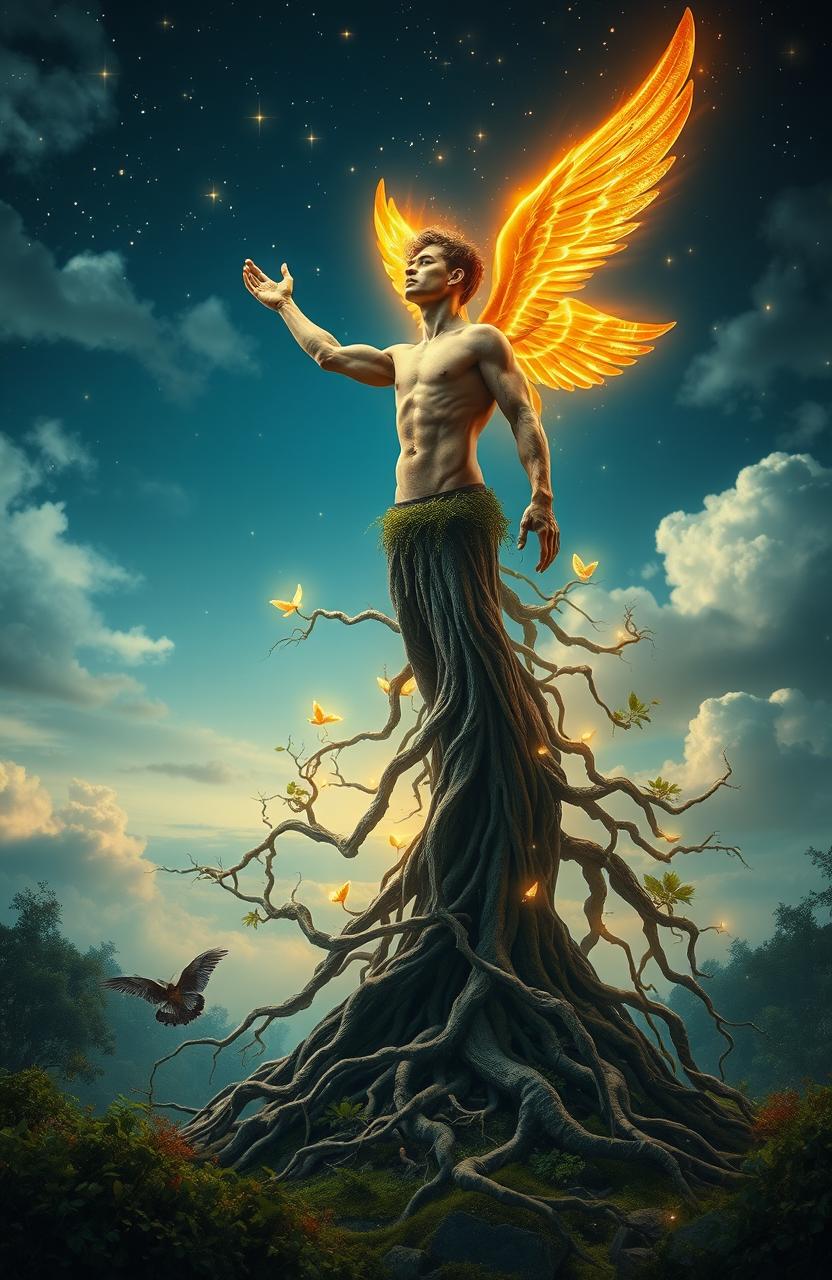 A surreal fantasy scene depicting a male human figure merging with nature