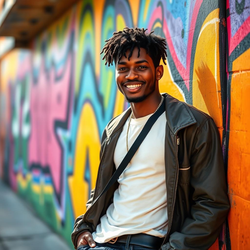 A confident young black male, casually dressed in stylish urban clothing, leaning against a vibrant graffiti wall in an urban setting