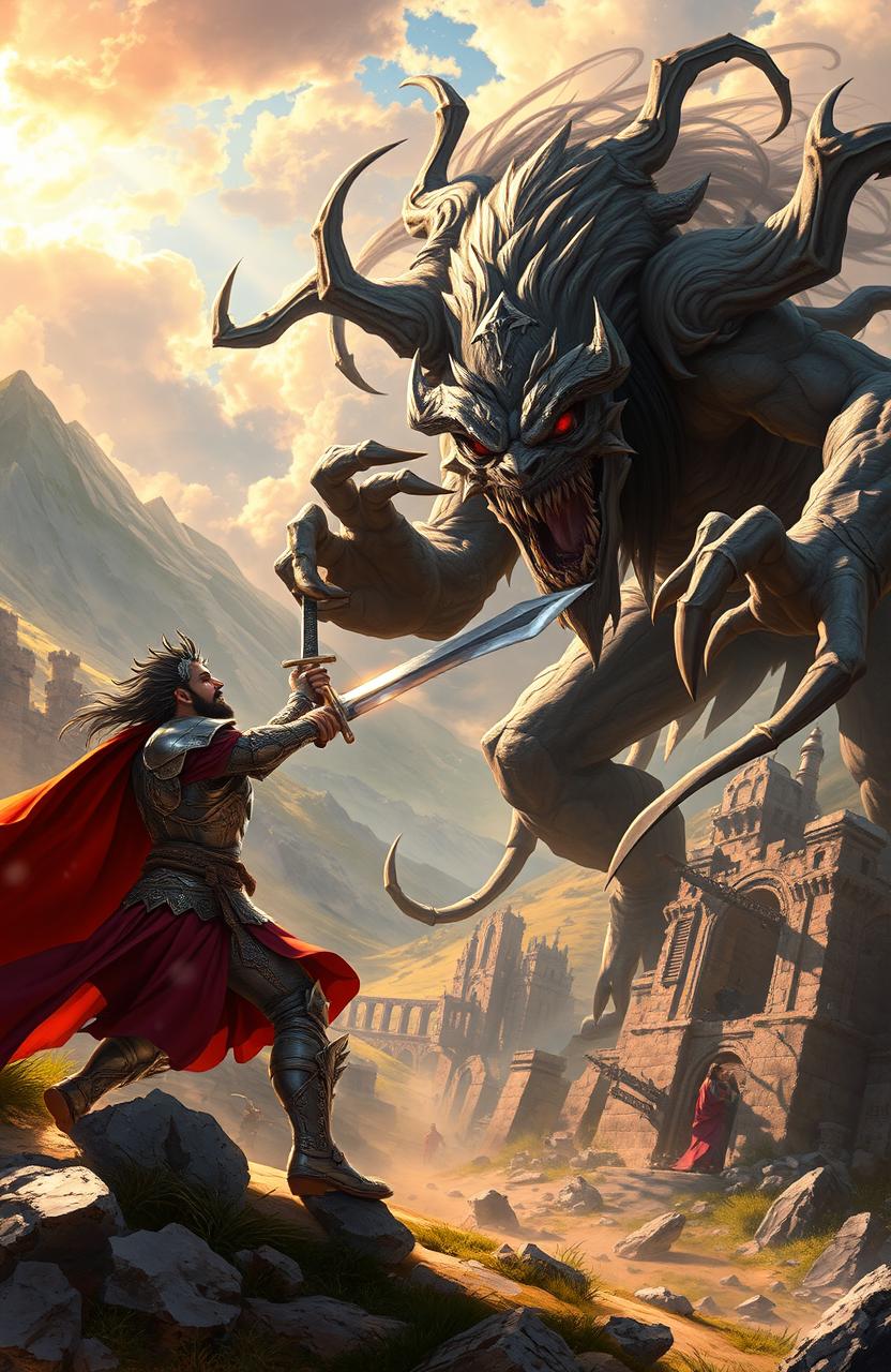 An epic fantasy scene depicting Rostam, the legendary hero of Persian mythology from the Shahnameh, battling a fierce and menacing div (demon)