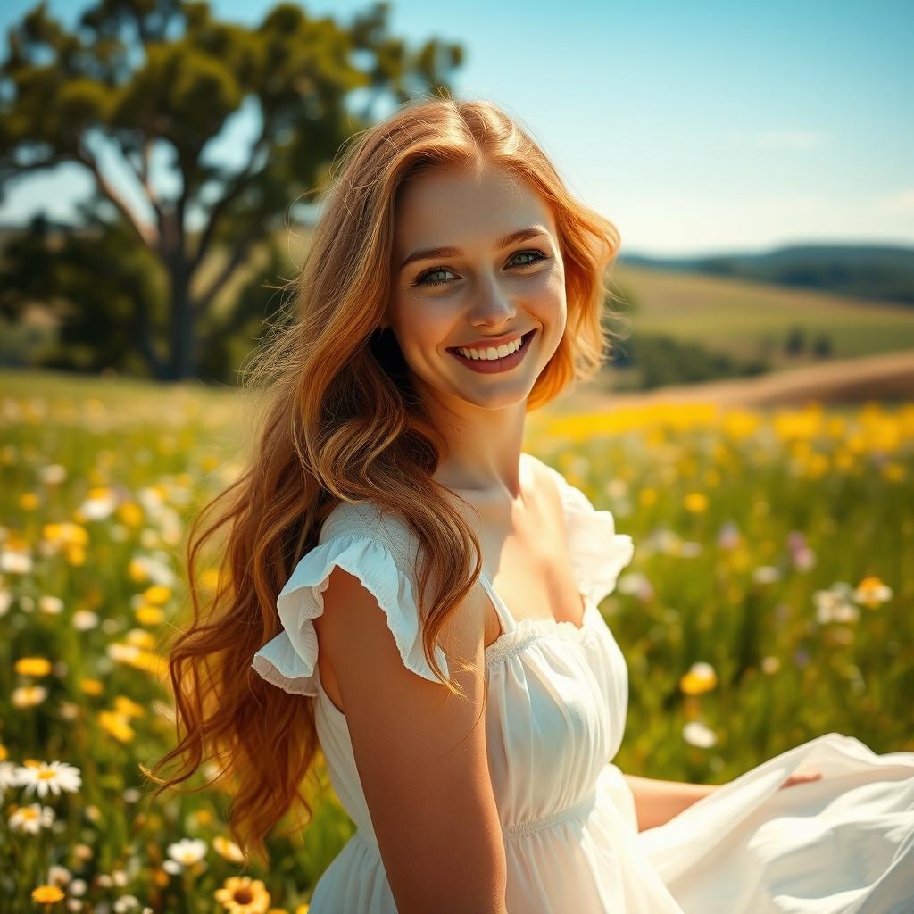 A stunning young woman with long wavy auburn hair, bright green eyes, and a radiant smile, wearing a flowing white sundress in a sunny meadow filled with wildflowers