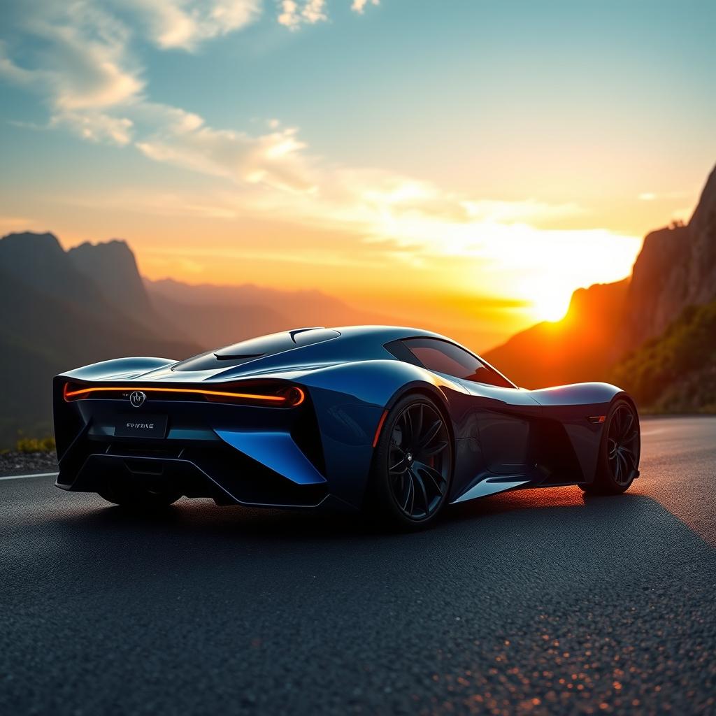 A sleek, futuristic sports car showcasing an aerodynamic design, gleaming metallic blue paint, and stylish LED headlights