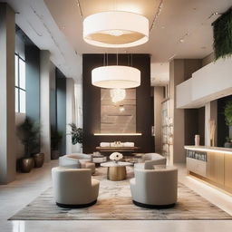 A stunning interior of a modern guest reception, with tasteful decor, sleek minimalist furniture, welcoming light fixtures and a cohesive color scheme.