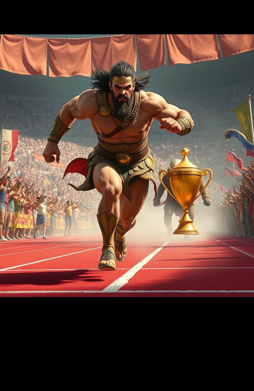 Rustam, a legendary hero from Persian mythology, fiercely competing in a track and field race against a giant demon
