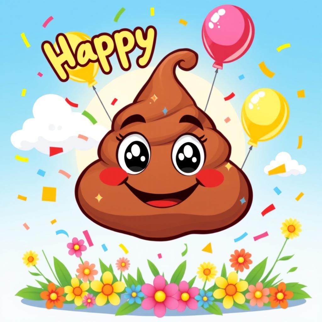 A whimsical cartoon-style illustration of a cute smiling brown poop emoji with big, sparkling eyes and a cheeky grin, surrounded by colorful confetti and balloons in a bright, cheerful setting