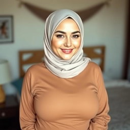 A beautiful woman aged 30 wearing a hijab, showcasing her large and attractive breasts, size 36