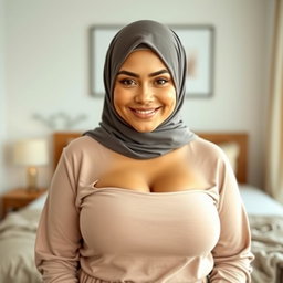 A beautiful woman aged 30 wearing a hijab, showcasing her large and attractive breasts, size 36